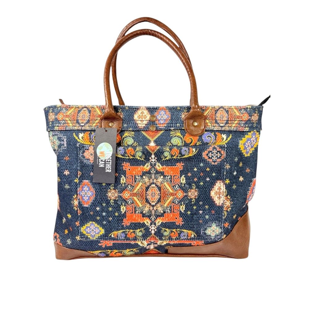 Mona B Weekender Tote NWT‎ Blue Tan Upcycled Canvas Boho Carpet Print Large
